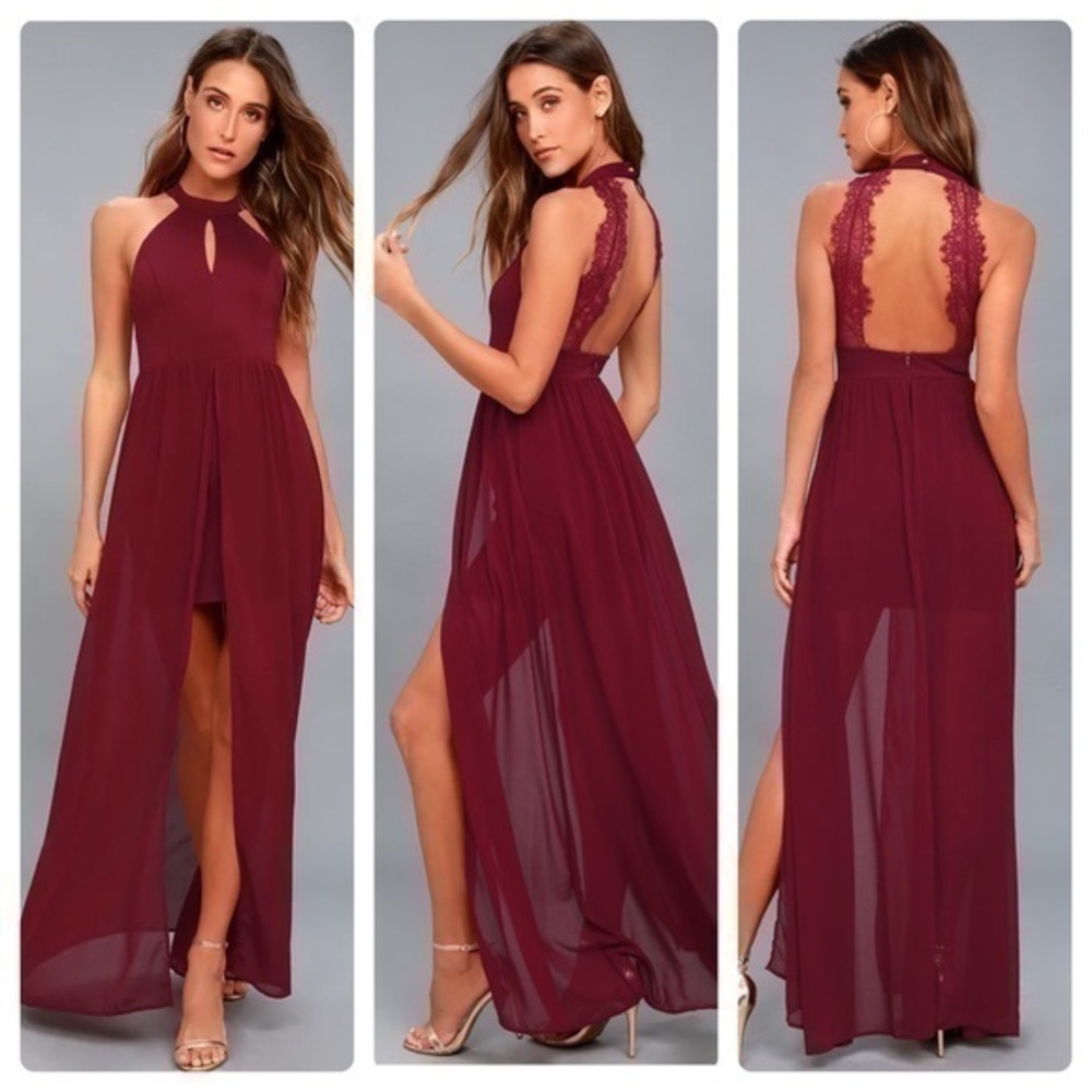 Lulu’s My Beloved Burgundy Lace Halter Open Back Overlay Maxi Dress Small S HH24